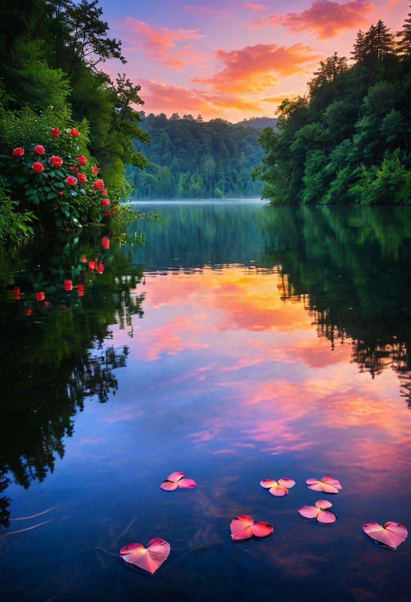 A serene lake under a twilight sky reflecting a pair of intertwined hearts formed by flowing water. Soft, warm colors blend harmoniously, evoking a sense of love and intimacy. Gentle ripples create an ethereal quality, while wispy clouds hint at dreamy emotions. Delicate rose petals float on the surface, symbolizing romance and affection. The scene is framed by lush greenery, adding a touch of tranquility. super-realistic. vibrant colors. soft focus.