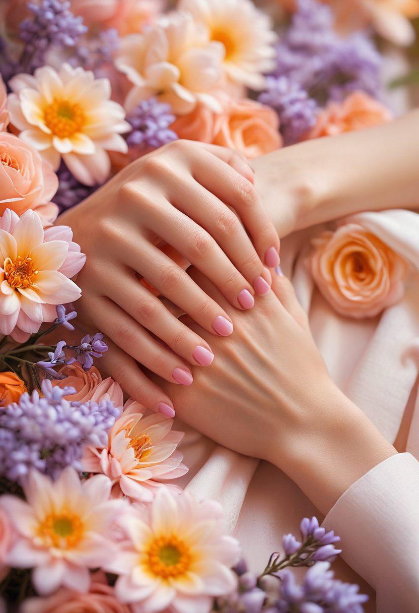 A close-up of two hands gently touching, surrounded by softly blurred pastel flowers, representing tenderness and intimate connection. In the background, a warm glow of sunset colors enhances the romantic atmosphere. This evokes feelings of passion, love, and affection. super-realistic. vibrant colors. soft focus.