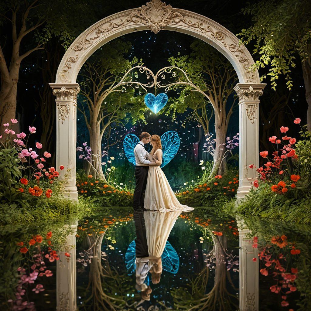 A whimsical scene with a large, ornate mirror reflecting a couple engaged in a deep, intimate conversation. Surround them with mystical elements like floating hearts and shimmering light that symbolize love and introspection. Include a lush garden in the background, representing growth and self-discovery. The overall mood should be enchanting and contemplative. vibrant colors. surreal. magical realism.